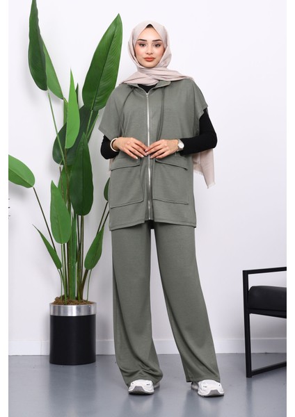 Haki Fermuarlı Çift Cepli Modal Yelek Pantolonlu Takım fiyatları