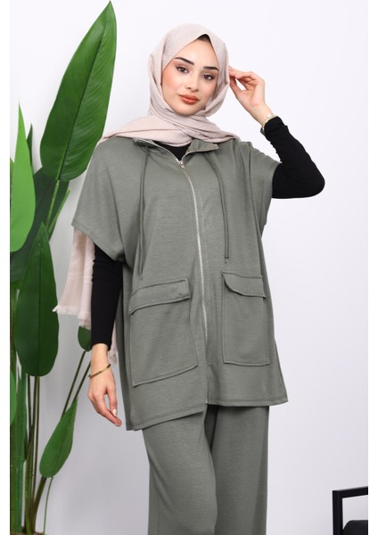 Haki Fermuarlı Çift Cepli Modal Yelek Pantolonlu Takım modelleri