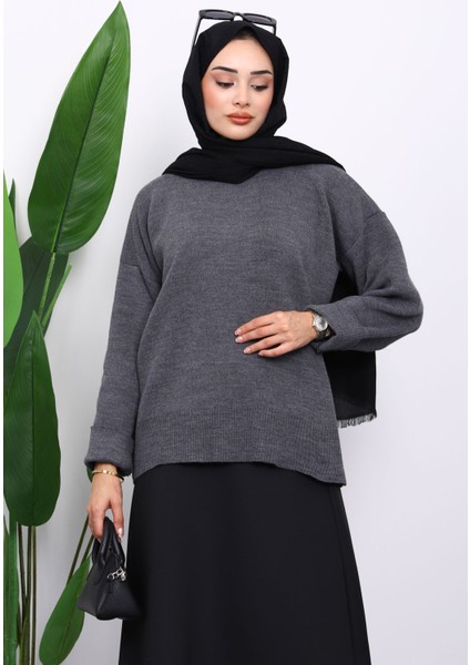 Antrasit Bisiklet Yaka Yumuşak Dokulu Oversize Triko Kazak