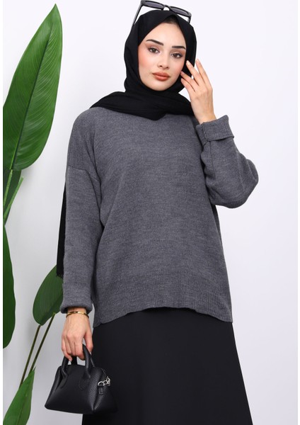 Antrasit Bisiklet Yaka Yumuşak Dokulu Oversize Triko Kazak modelleri