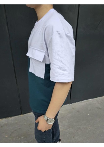 Unisex Torba Cep Detaylı Parçalı T-Shirt - Lacivert fiyatları