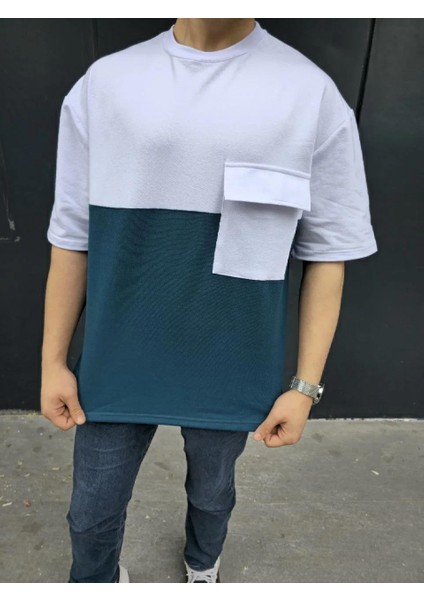 Unisex Torba Cep Detaylı Parçalı T-Shirt - Lacivert indirimleri