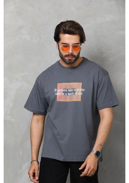 Unisex Bisiklet Yaka Baskılı Oversize T-Shirt - Füme