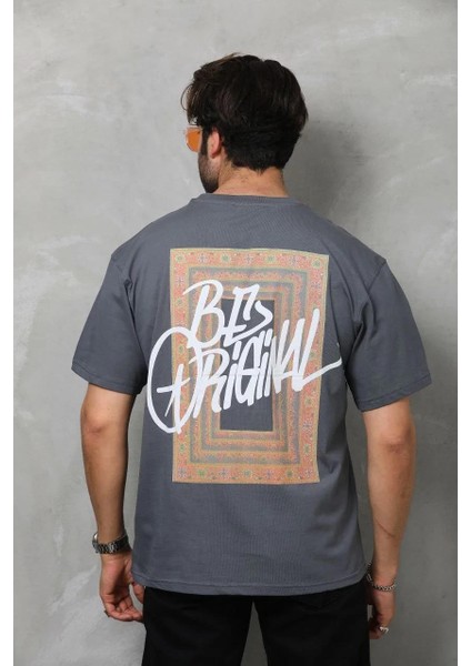 Unisex Bisiklet Yaka Baskılı Oversize T-Shirt - Füme fiyatları