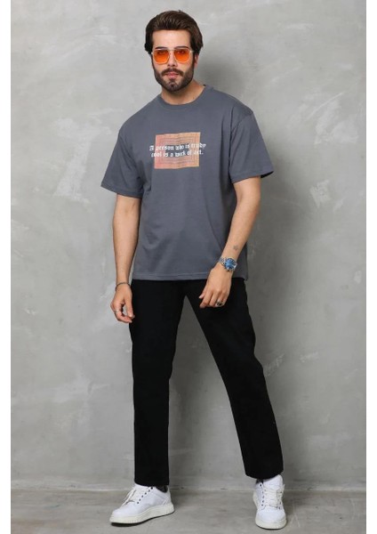 Unisex Bisiklet Yaka Baskılı Oversize T-Shirt - Füme modelleri