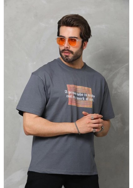 Unisex Bisiklet Yaka Baskılı Oversize T-Shirt - Füme fırsatları