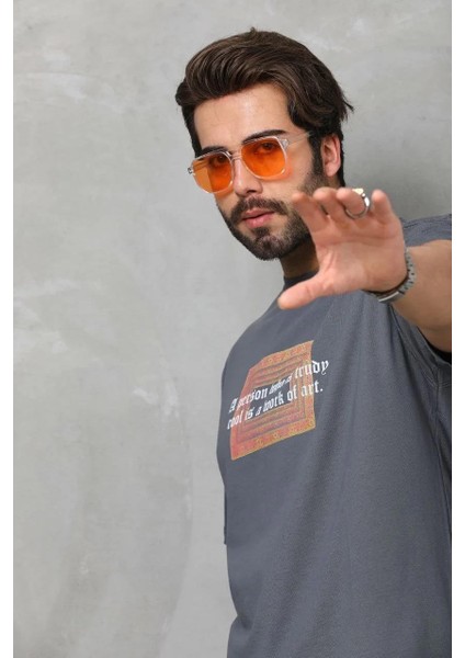 Unisex Bisiklet Yaka Baskılı Oversize T-Shirt - Füme indirimleri