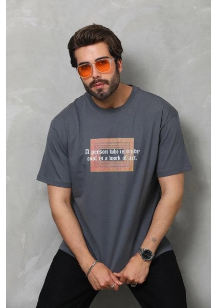 Unisex Bisiklet Yaka Baskılı Oversize T-Shirt - Füme