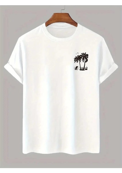 20/1 Penye Compack Palmiye Ön Baskılı Oversize Bisiklet Yaka Kısa Kol Yazlık T-Shirt - Beyaz
