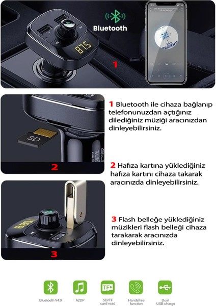 Araç Bluetooth Fm Transmitter Cihazı Araba Mp3 Çalar Oto Çakmaklık Şarj Aleti Müzik Kiti Cn fırsatları