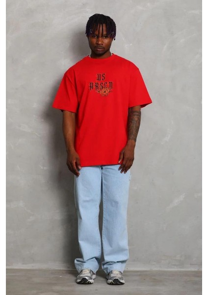 Unisex Oversize Baskılı Bisiklet Yaka T-Shirt - Kırmızı fiyatları