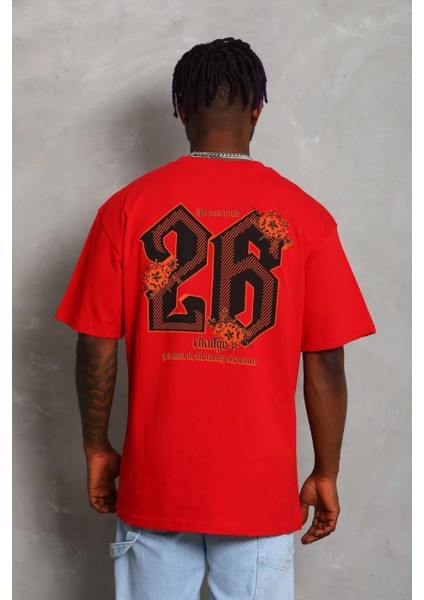 Unisex Oversize Baskılı Bisiklet Yaka T-Shirt - Kırmızı fırsatları