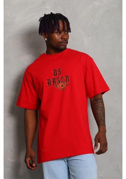 Unisex Oversize Baskılı Bisiklet Yaka T-Shirt - Kırmızı indirimleri