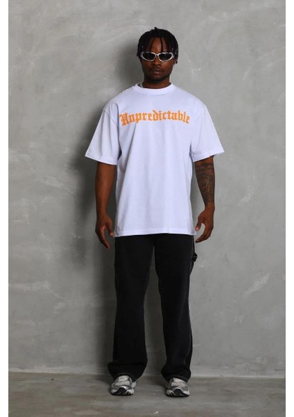 Unisex Oversize Baskılı Bisiklet Yaka T-Shirt - Beyaz modelleri