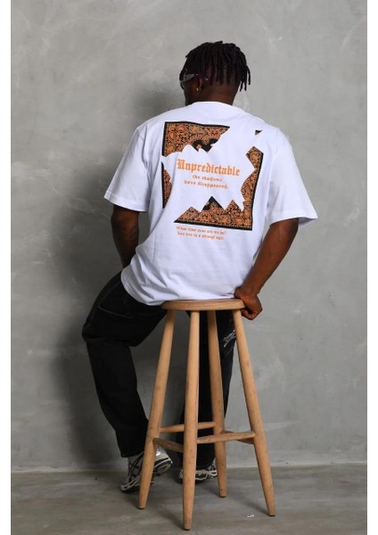 Unisex Oversize Baskılı Bisiklet Yaka T-Shirt - Beyaz