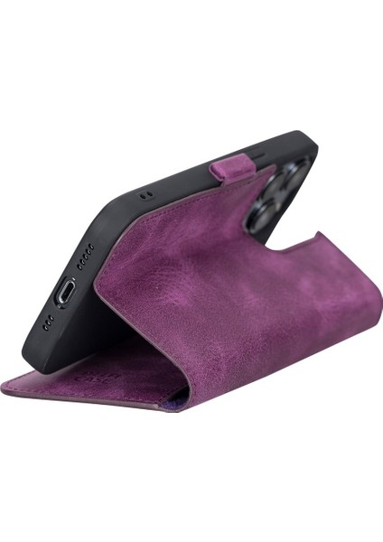Apple iPhone 13 Pro Uyumlu Deri Cüzdanlı Kılıf Rustik Mor indirimleri