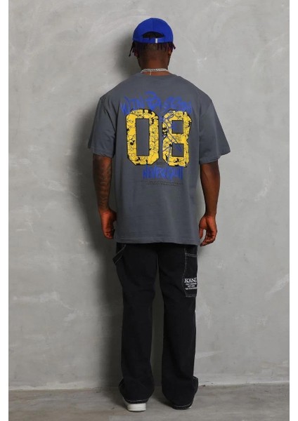 Unisex Oversize Baskılı Bisiklet Yaka T-Shirt - Füme modelleri