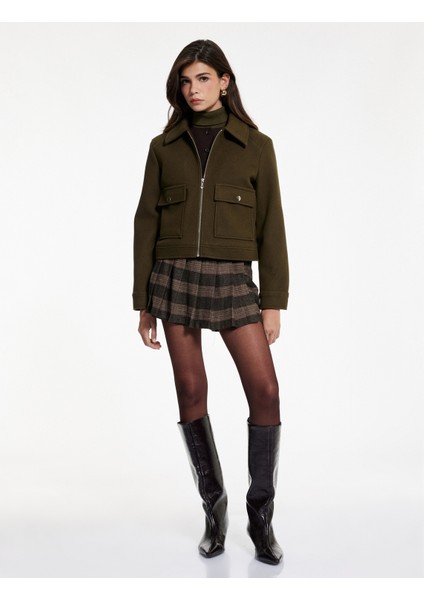 Uzun Kollu Fermuar Detaylı Cepli Crop Kaşe Ceket fiyatları