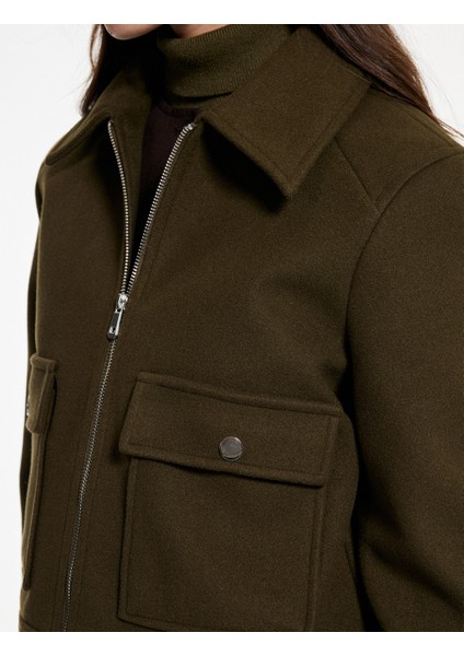 Uzun Kollu Fermuar Detaylı Cepli Crop Kaşe Ceket indirimleri