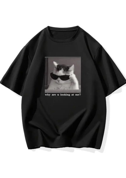 "neden Bana Bakıyorsun?" Komik Kedi Grafik Tişört - Dijital Baskılı Siyah Bol Kesim Streetwear Tişört, Erkekler Için Dört Mevsim Günlük Gömlek - Siyah