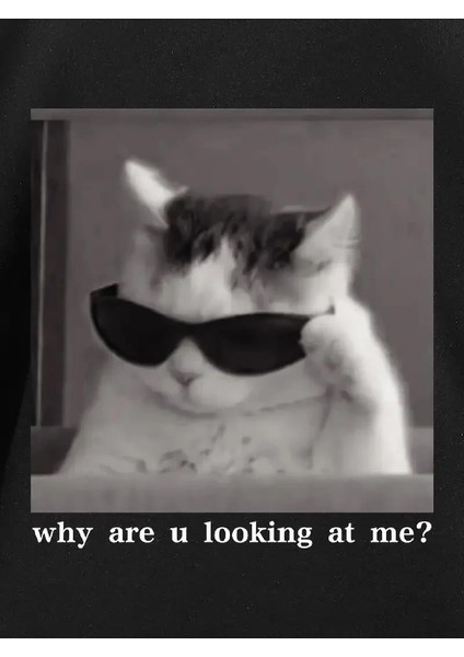 "neden Bana Bakıyorsun?" Komik Kedi Grafik Tişört - Dijital Baskılı Siyah Bol Kesim Streetwear Tişört, Erkekler Için Dört Mevsim Günlük Gömlek - Siyah indirimleri