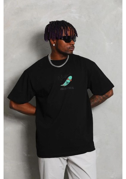 Unisex Oversize Baskılı Bisiklet Yaka T-Shirt - Siyah