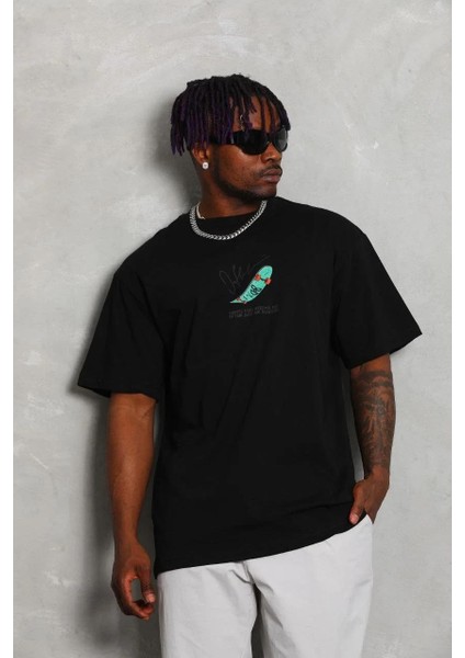 Unisex Oversize Baskılı Bisiklet Yaka T-Shirt - Siyah fiyatları