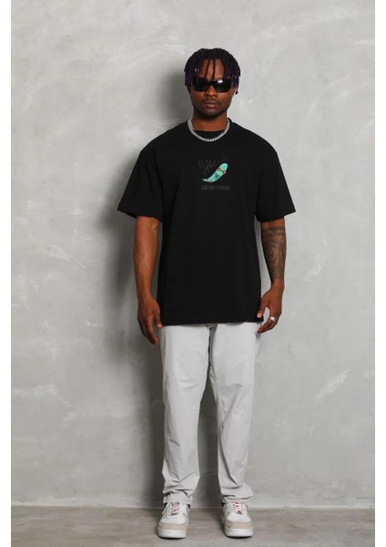 Unisex Oversize Baskılı Bisiklet Yaka T-Shirt - Siyah modelleri