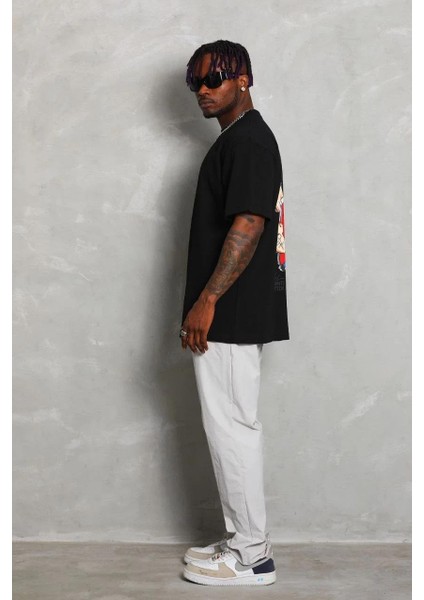 Unisex Oversize Baskılı Bisiklet Yaka T-Shirt - Siyah fırsatları