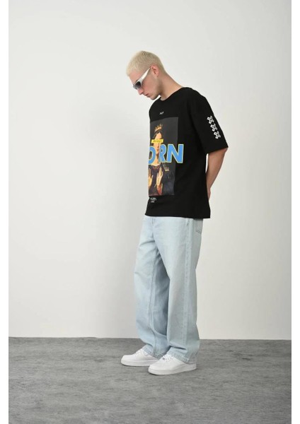 Unisex Baskılı Bisiklet Yaka Oversize T-Shirt - Siyah