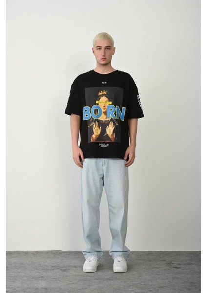 Unisex Baskılı Bisiklet Yaka Oversize T-Shirt - Siyah modelleri