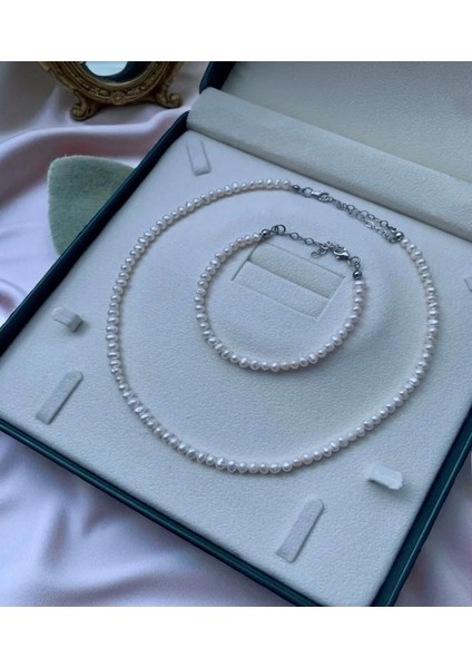 Sertifikalı Doğal 4mm Inci Kolye ve Bileklik Set - Paslanmaz Çelik Aparatlı
