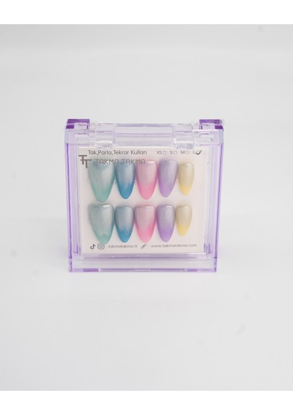 10'lu Renkli Uzun Badem TT1411 Tekrar Kullanılabilir El Yapımı Protez Takma Tırnak - Renkli-XS fırsatları