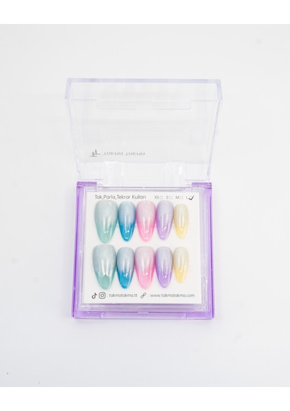 10'lu Renkli Uzun Badem TT1411 Tekrar Kullanılabilir El Yapımı Protez Takma Tırnak - Renkli-XS indirimleri