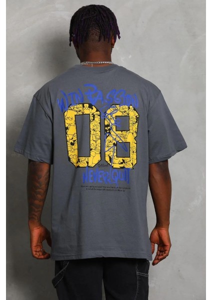 Unisex Oversize Baskılı Bisiklet Yaka T-Shirt - Füme fırsatları