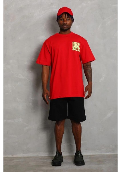 Unisex Oversize Baskılı Bisiklet Yaka T-Shirt - Kırmızı modelleri