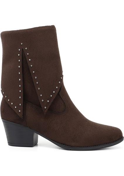 Kadın Kahve Süet Sivri Burun Kalın Topuklu Kovboy Çizme