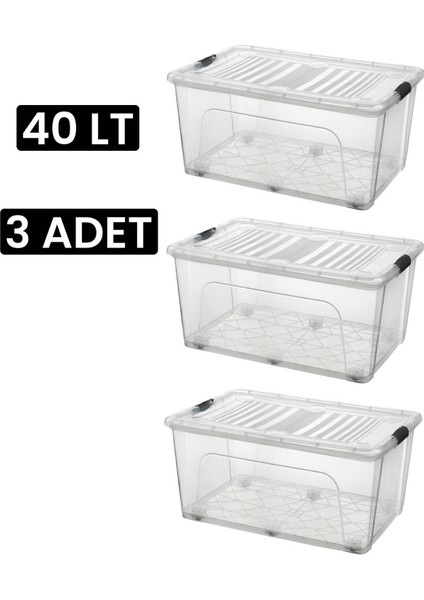 Depolama Saklama Kutusu Düzenleyici Tekerlekli Kilitli Saklama Kabı 3 Adet 40 Lt Şeffaf