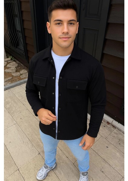 Erkek Diagonal Kumaş Cepli Çıtçıtlı Uzun Kollu, Gömlek Oversize Rahat Kalıp Günlük Şık Stil - Siyah