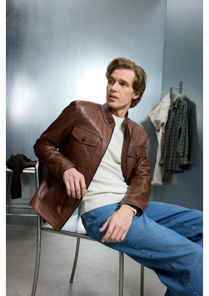 %100 Deri Premium Slim Fit Dar Kesim Dik Yaka Astarlı Fermuarlı Mont G5569AX25WN