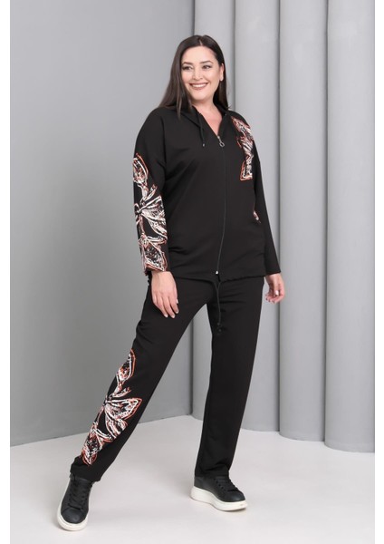 Kadın Büyük Beden Siyah, Kapüşonlu, Çiçek Baskılı Eşofman Takım 65N39184