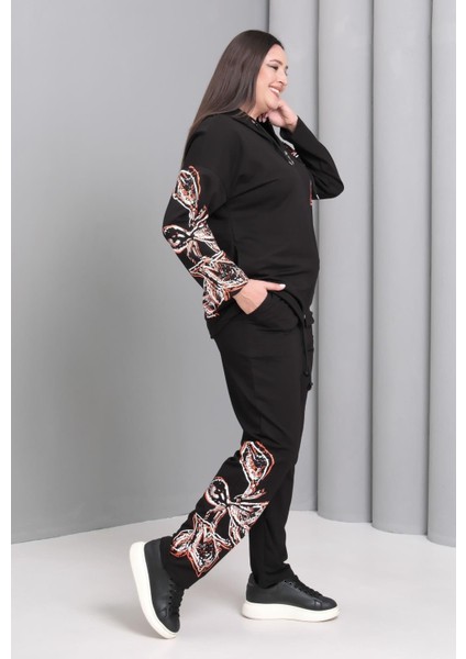 Kadın Büyük Beden Siyah, Kapüşonlu, Çiçek Baskılı Eşofman Takım 65N39184 modelleri