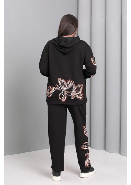 Kadın Büyük Beden Siyah, Kapüşonlu, Çiçek Baskılı Eşofman Takım 65N39184 fırsatları
