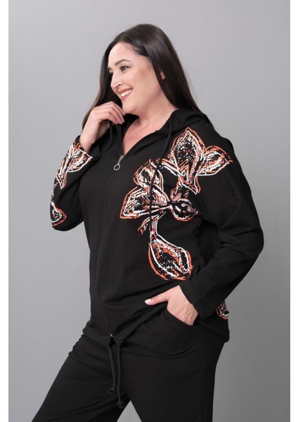 Kadın Büyük Beden Siyah, Kapüşonlu, Çiçek Baskılı Eşofman Takım 65N39184 indirimleri