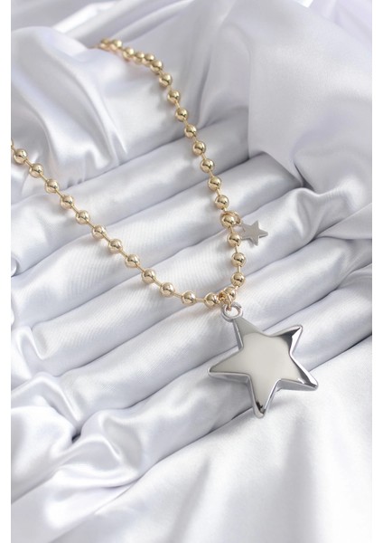 Bfs Pirinç Gold Renk Topçuk Zincir Gümüş 3D Yıldız Model Yıldız Detay Vip Kadın Kolye fiyatları