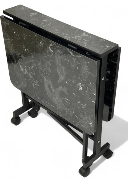 Demaz Serisi 1.sınıf 70x110 Siyah Mermer Desen Açılabilir Katlanabilir Tekerlekli Masa Yemek Masası Siyah Metal Ayak