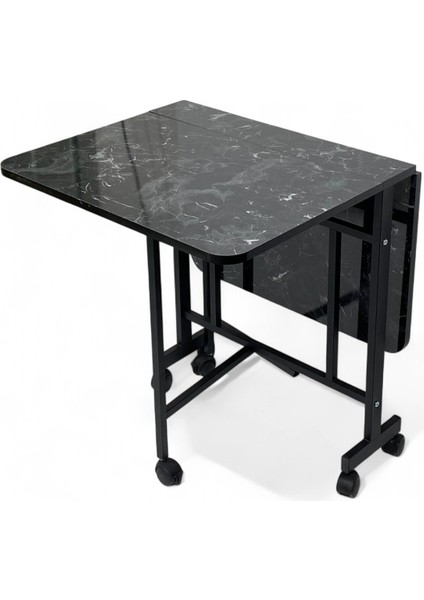 Demaz Serisi 1.sınıf 70x110 Siyah Mermer Desen Açılabilir Katlanabilir Tekerlekli Masa Yemek Masası Siyah Metal Ayak modelleri