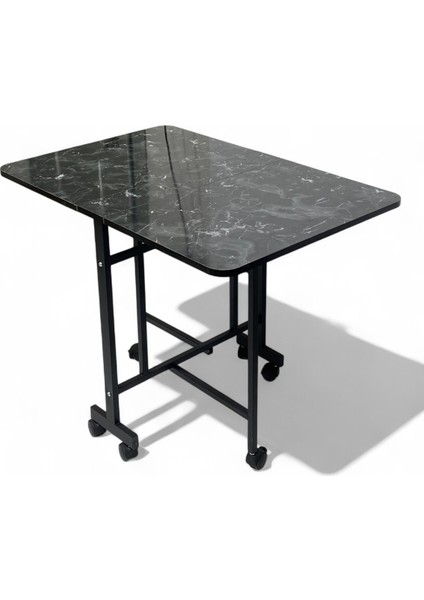 Demaz Serisi 1.sınıf 70x110 Siyah Mermer Desen Açılabilir Katlanabilir Tekerlekli Masa Yemek Masası Siyah Metal Ayak fırsatları