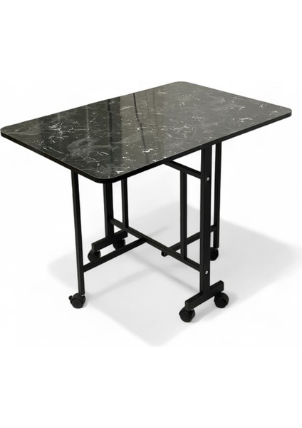 Demaz Serisi 1.sınıf 70x110 Siyah Mermer Desen Açılabilir Katlanabilir Tekerlekli Masa Yemek Masası Siyah Metal Ayak indirimleri