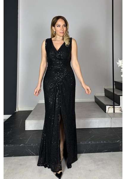 G1360 Drape Detaylı Payet Abiye Elbise Siyah